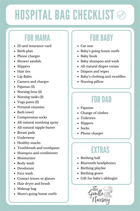 Printable Maternity Hospital Bag Checklist